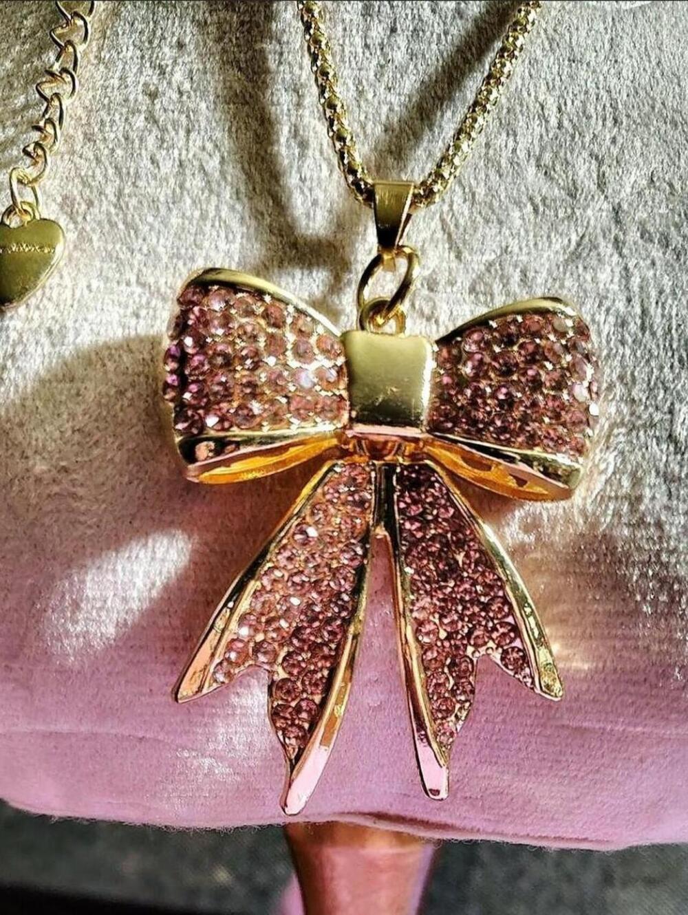 Betsey Johnson Gold Tone Pink Crystal Bow Pendant Necklace with Adjustable Chain